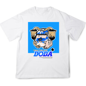 Boba Drink Hat Girl - Center Tee (Classic Black Milk Tea - Blue Colorway Flavor)